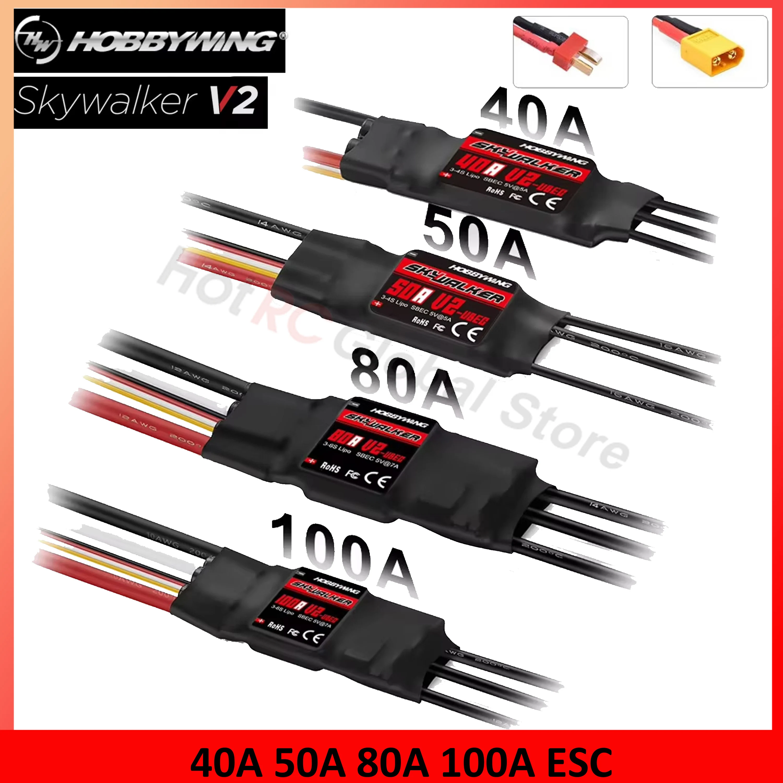Fpv Drone Motor - Hobbywing-Skywalker escスピードコントローラー,rc fpvドローン,クワッドコプター飛行機,v2シリーズ,40a,50a,80a,100a,t xt60プラグ